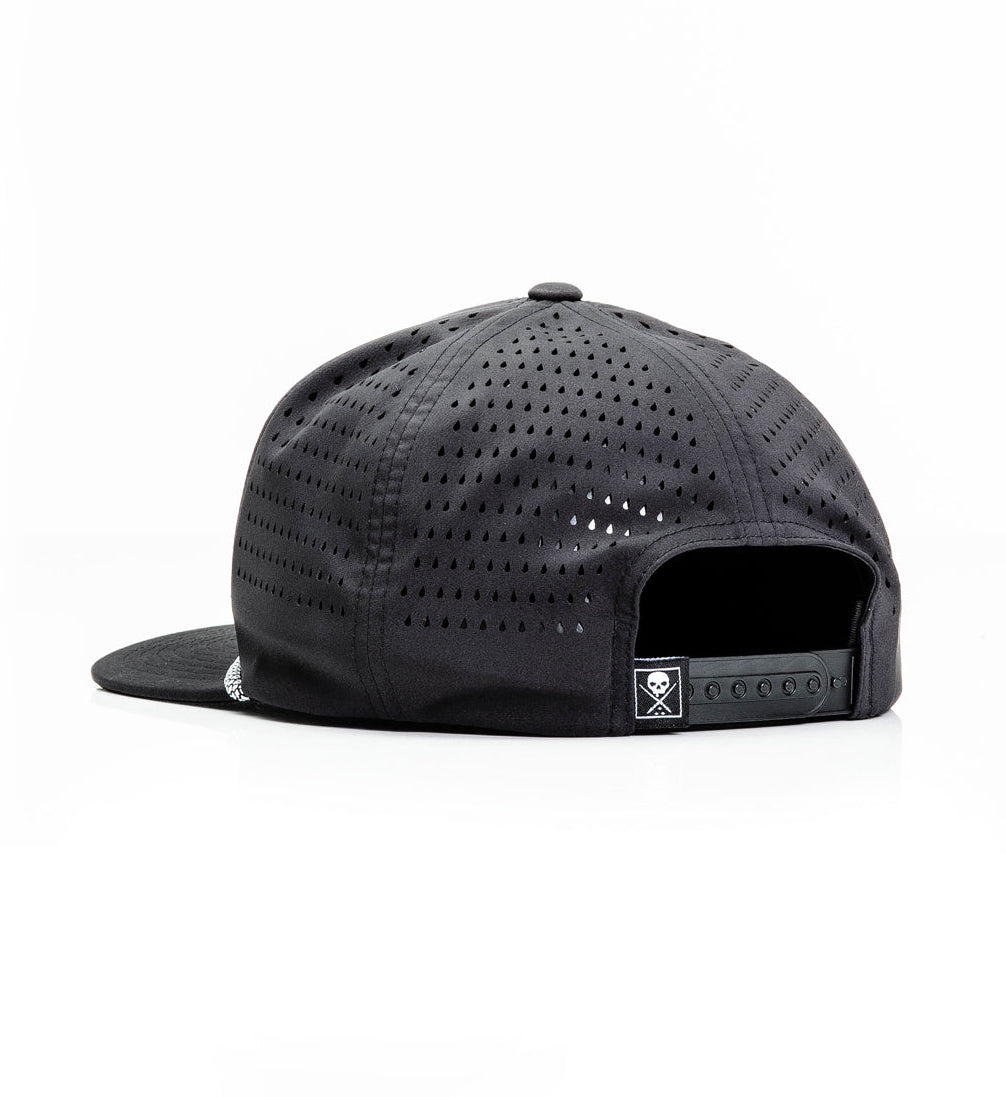 Black cap with a small logo on the back against a white background