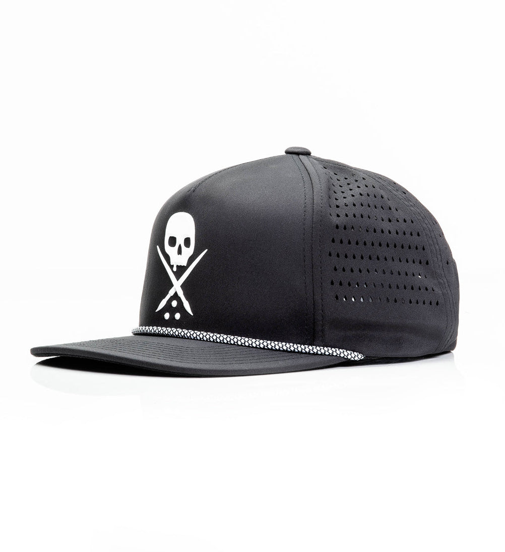 Black cap with skull and crossbones design on a white background
