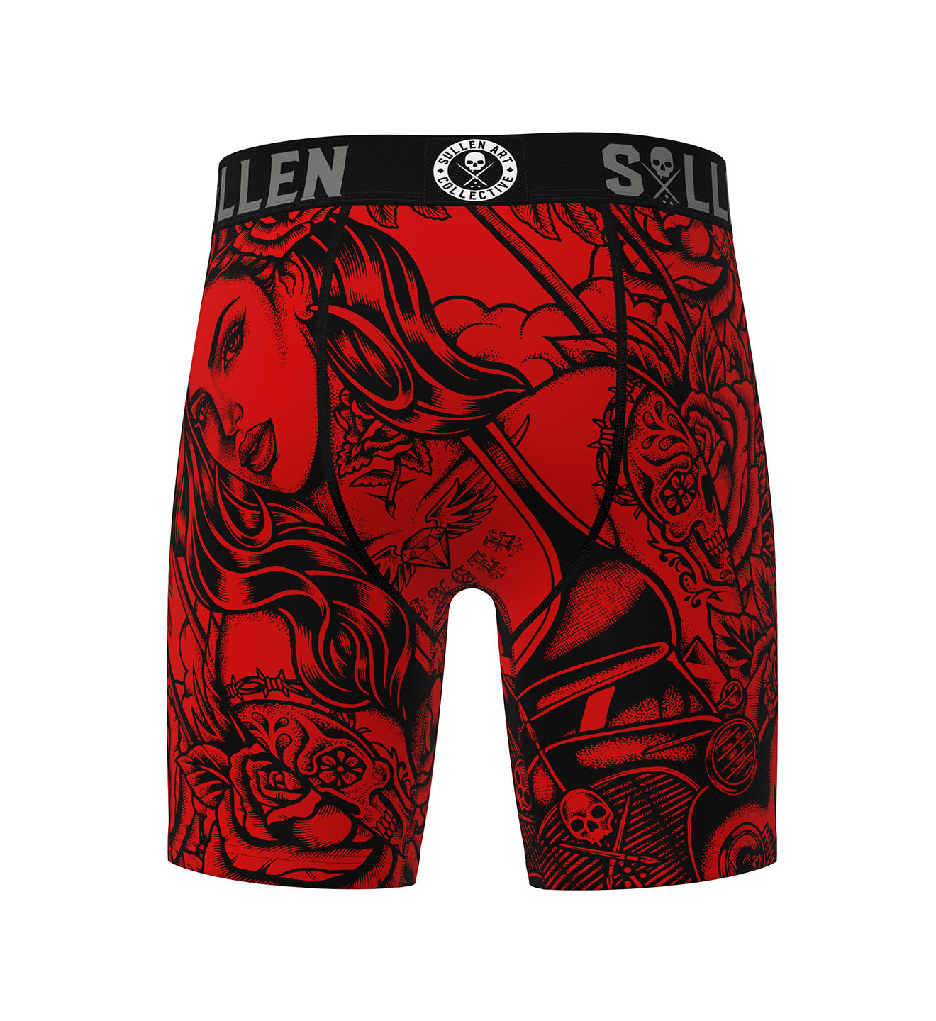 Red and black tattoo-style boxer briefs with a brand logo on a white background