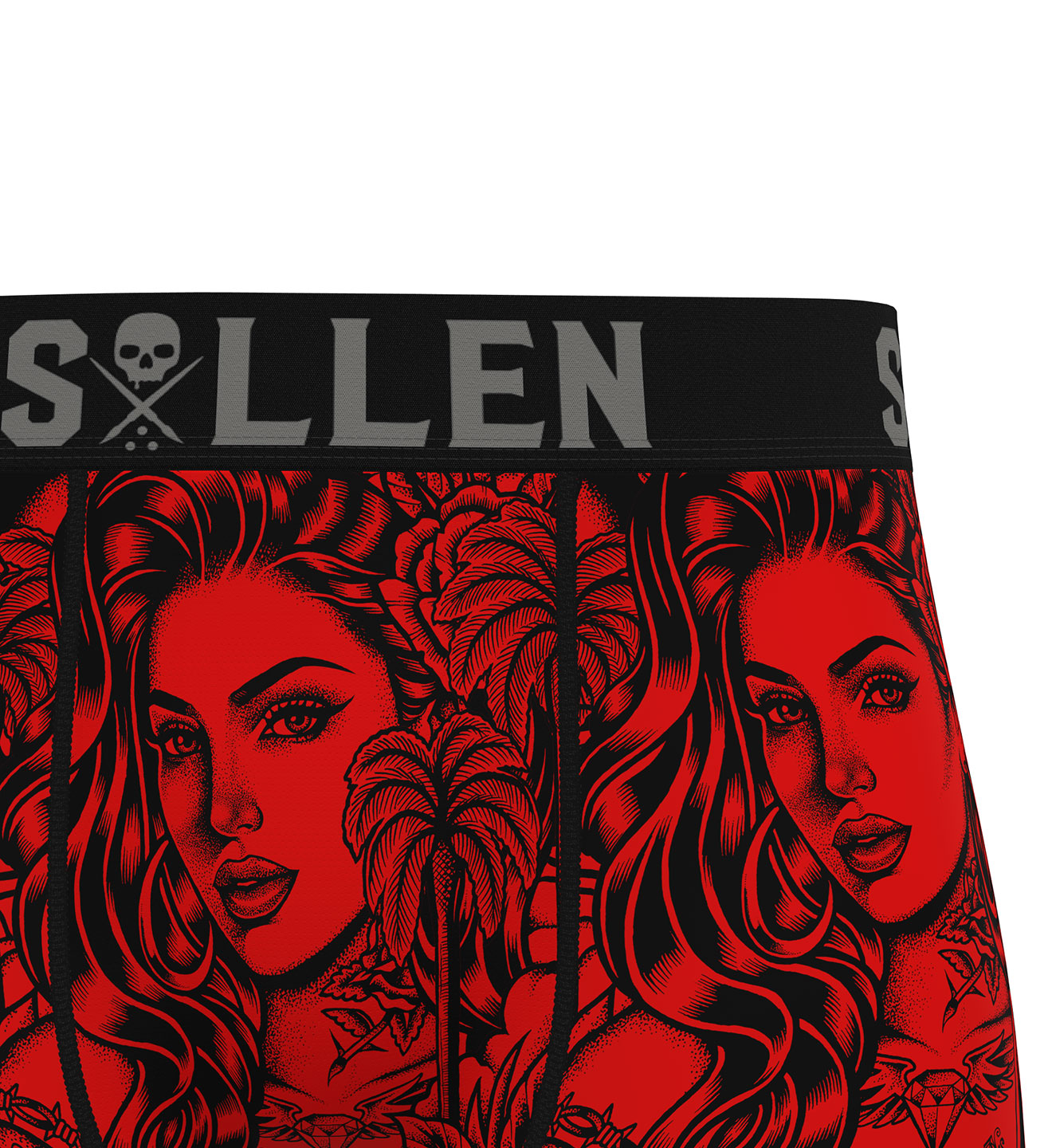 Red and black underwear with a stylized face design and 'Sullen' branding.