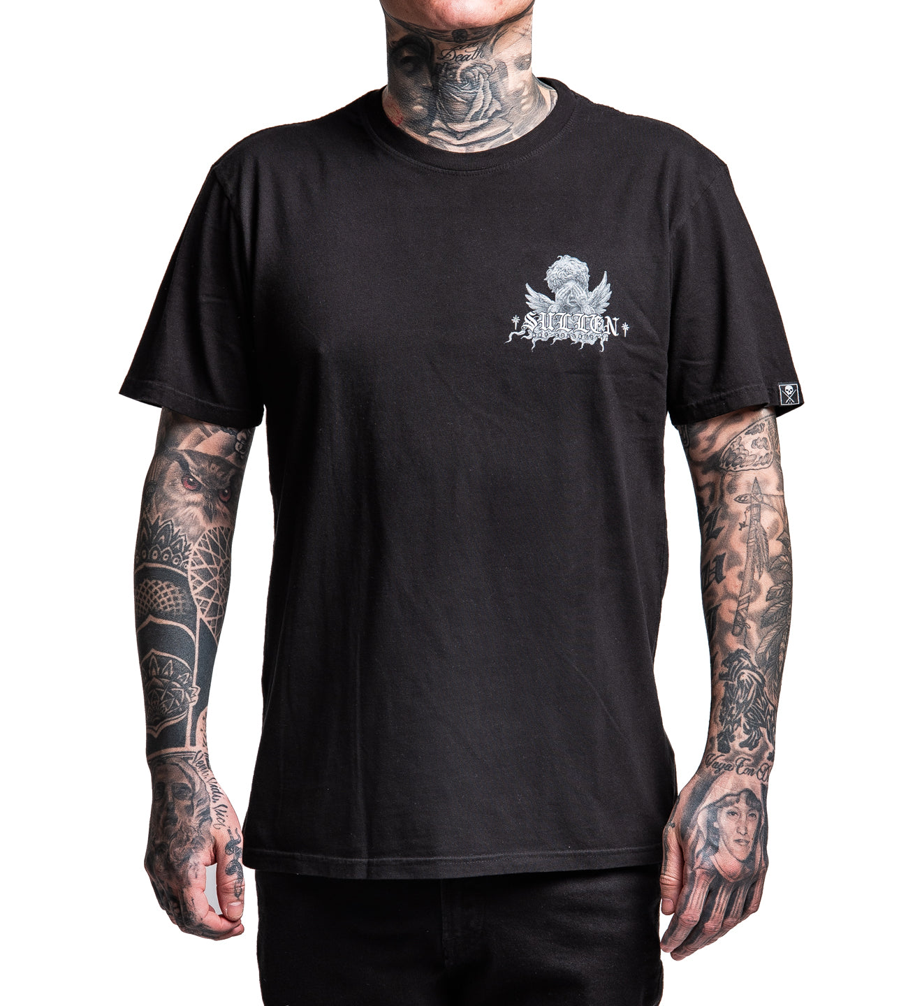 Person wearing a black t-shirt with a logo on a white background
