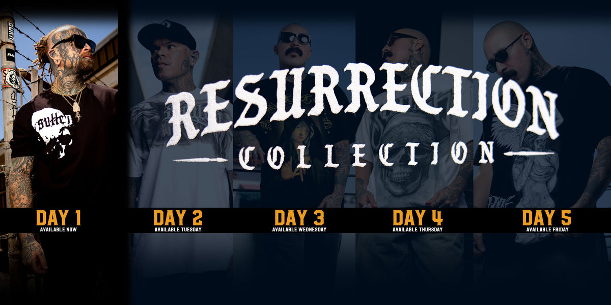 Promotional graphic for the 'Resurrection Collection' featuring five panels labeled Day 1 through Day 5, showing tattooed men in streetwear against a dark urban background with bold white and orange text.