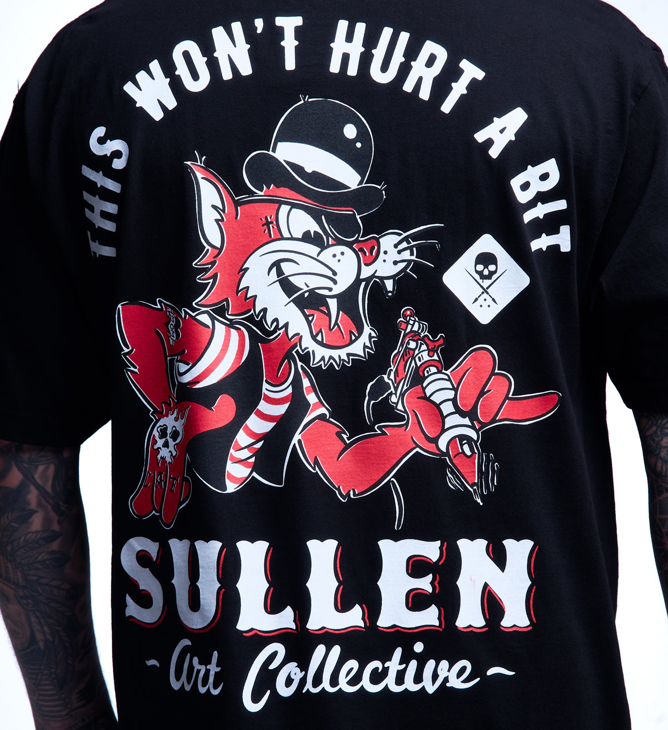 Black t-shirt with a graphic design and 'Sullen Art Collective' text on a white background