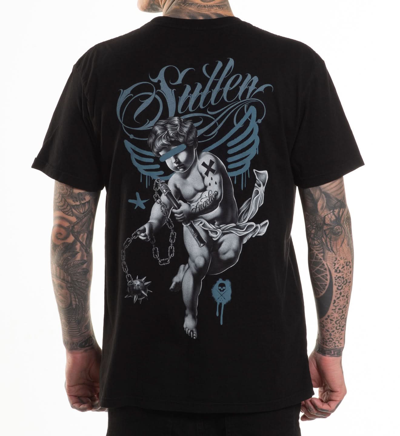 Black t-shirt with a graphic design on the back, featuring a tattooed figure and the brand 'Sullen'.