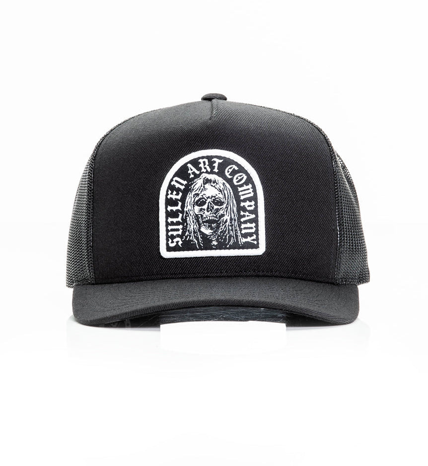 Black cap with a white logo on a white background