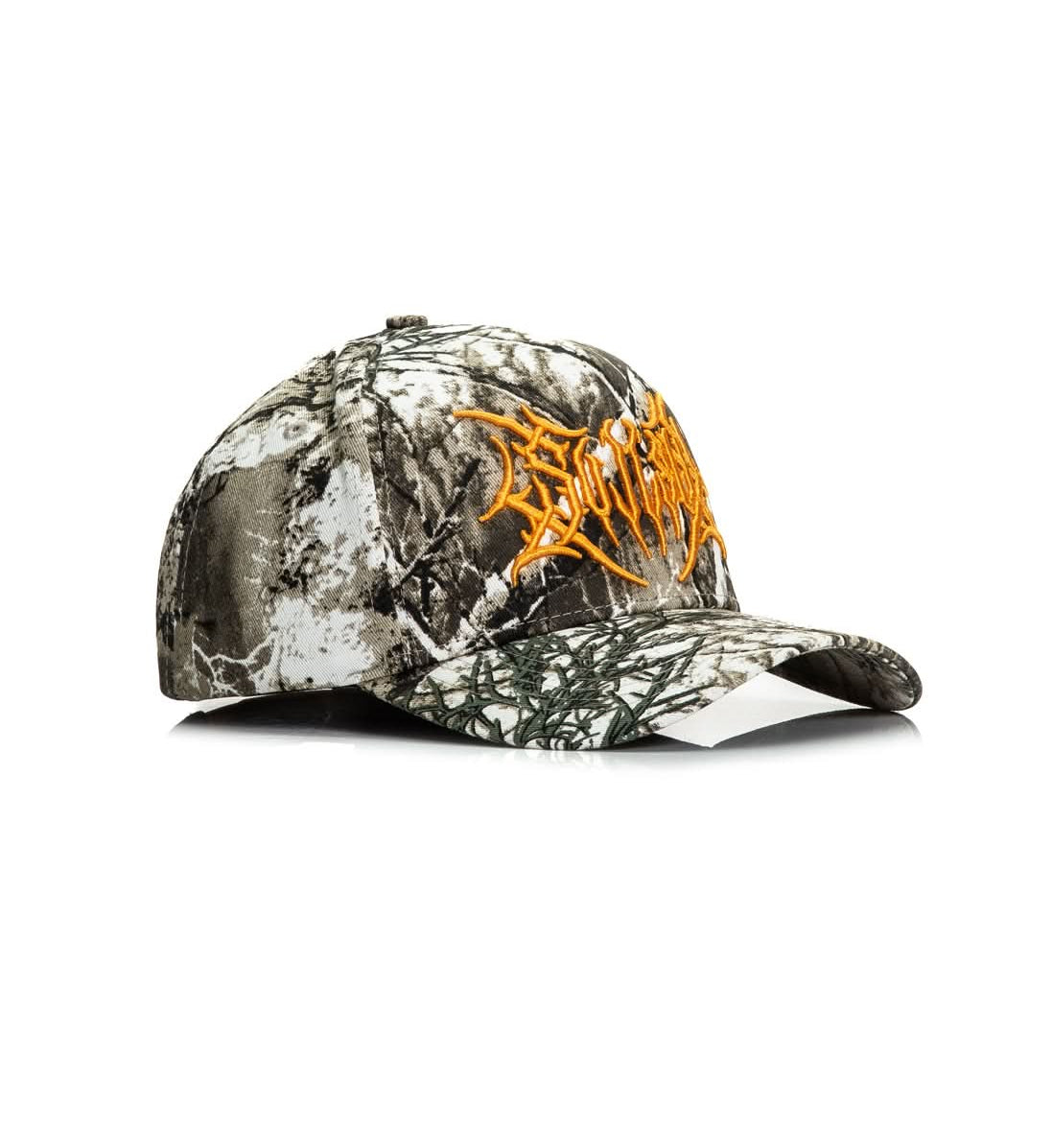 Camouflage baseball cap with orange accents on a white background
