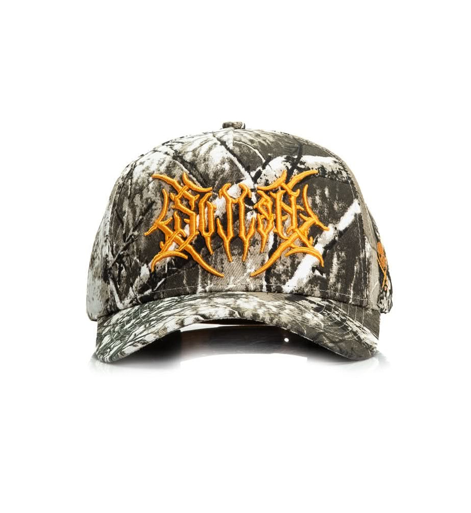 Camo-patterned cap with a logo on a white background