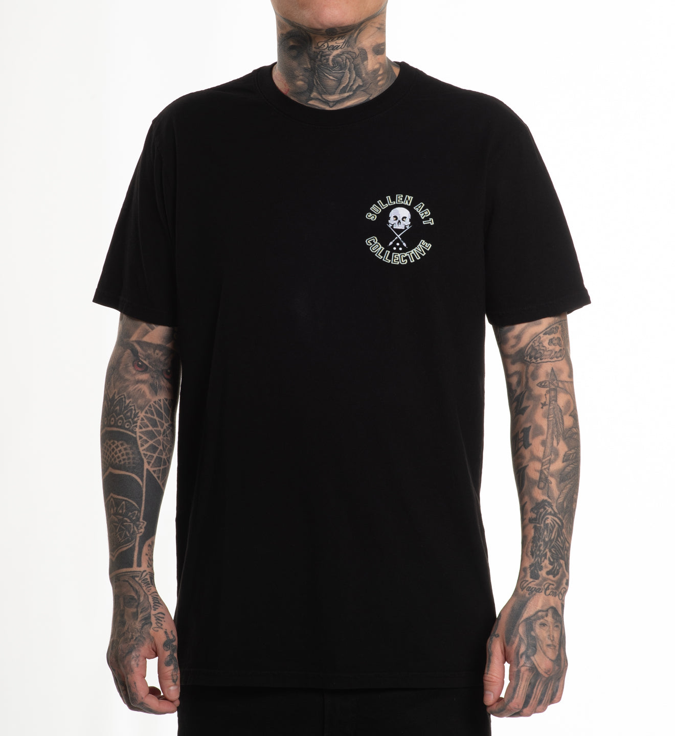Person wearing a black t-shirt with a logo on a white background
