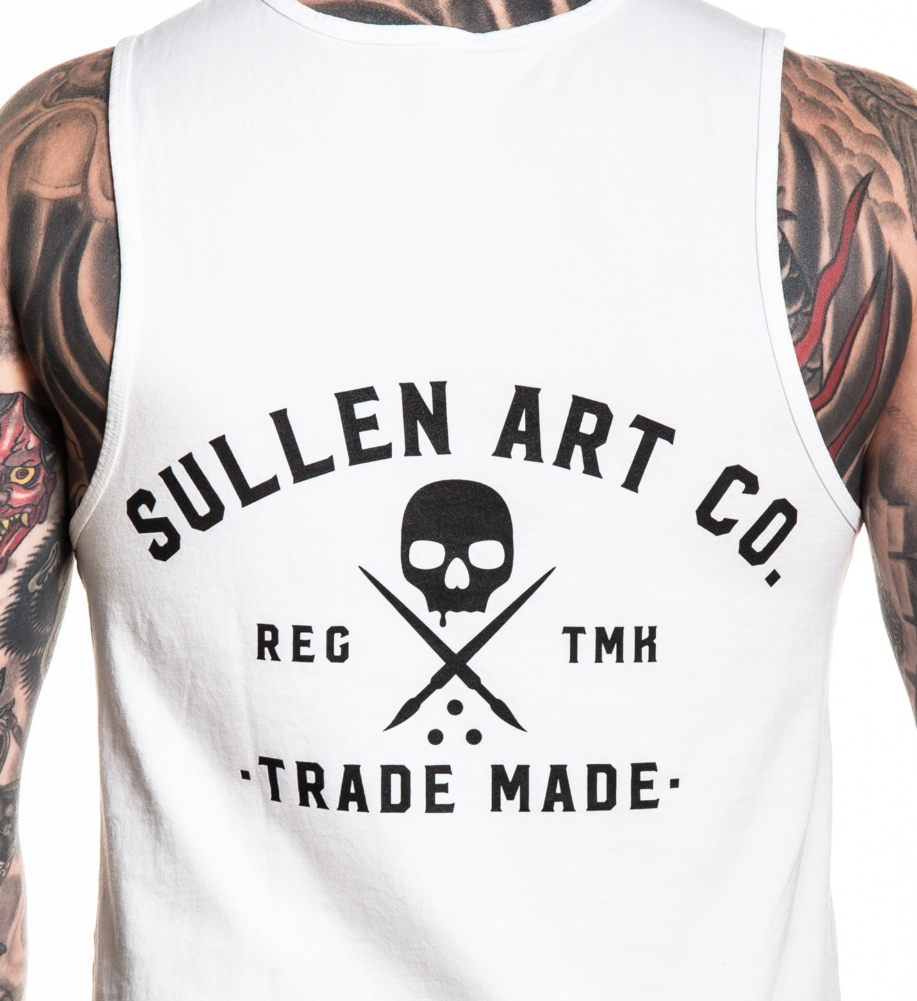 White tank top with Sullen Art Co. logo on a person with tattoos.