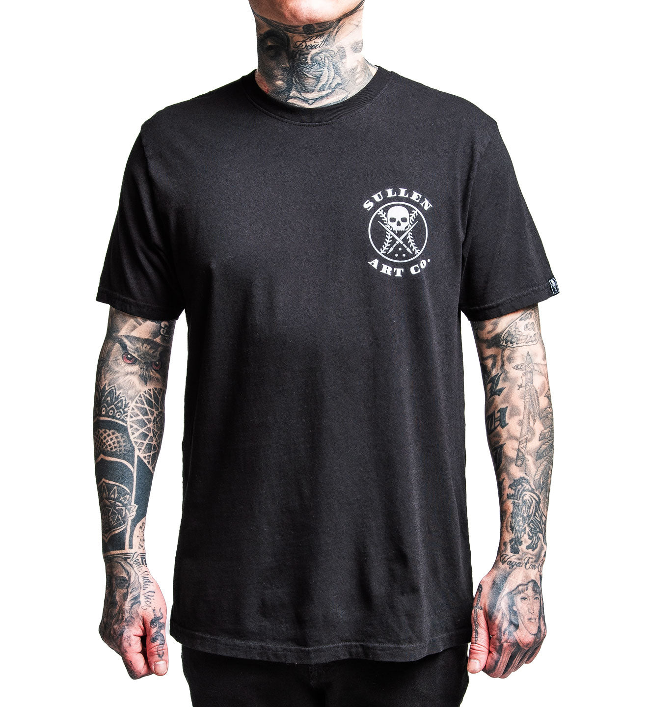 Black t-shirt with a logo on a white background