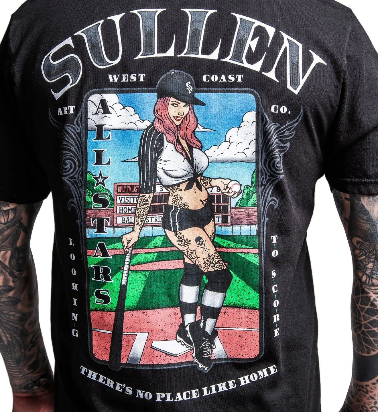 Black t-shirt with a graphic design featuring a woman at home plate, tattoos, and text on a white background.