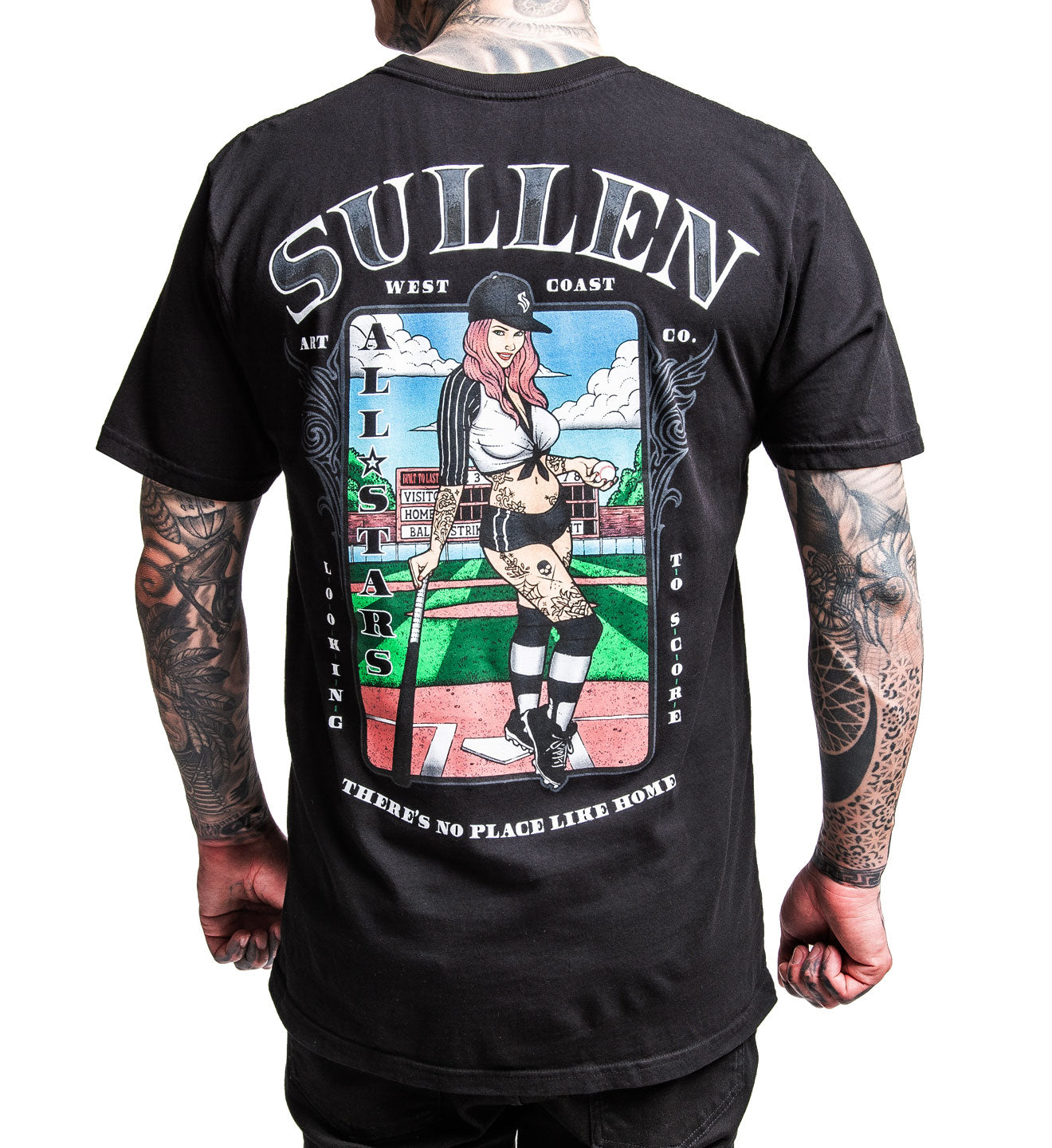 Black t-shirt with colorful graphic and 'Sullen' branding on a white background
