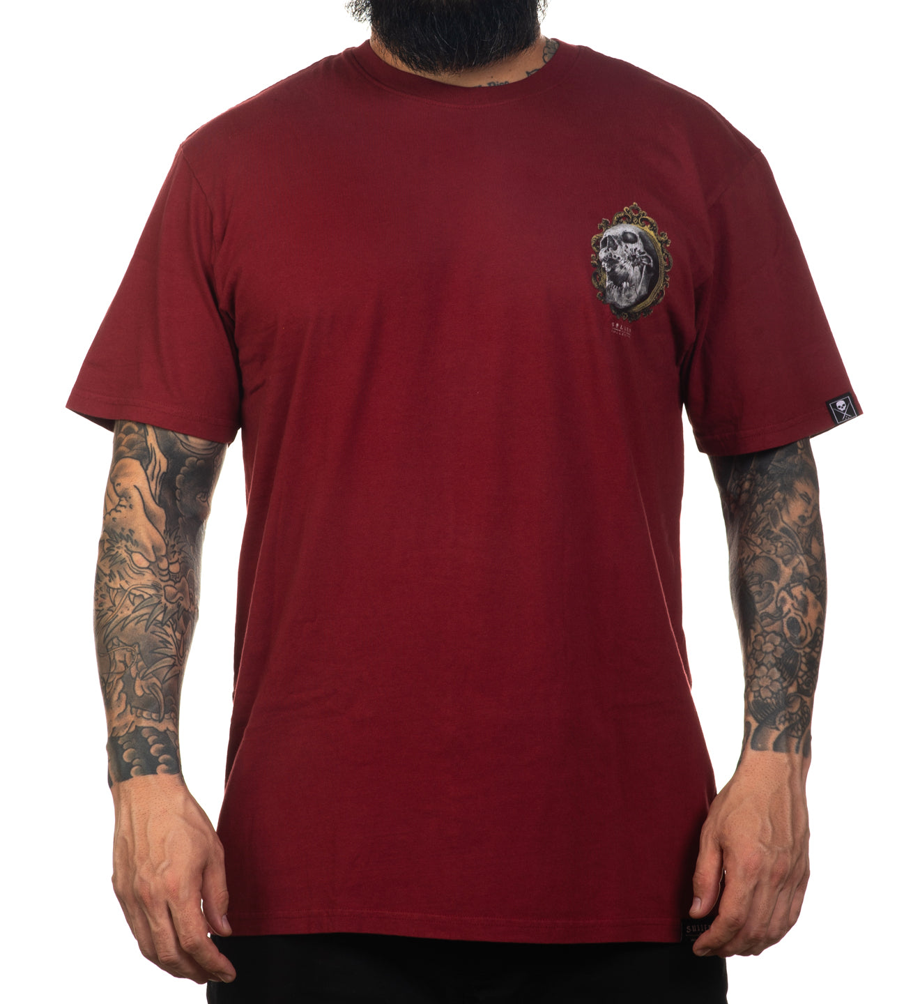 Maroon t-shirt with a lion emblem on a white background