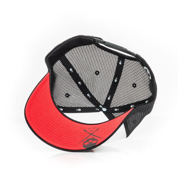 Black and red cap on a white background