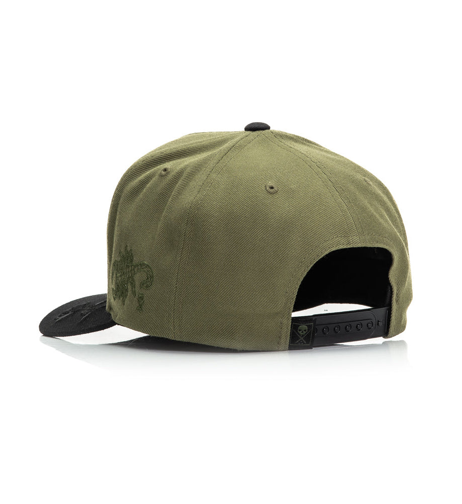 Green cap with black brim on a white background