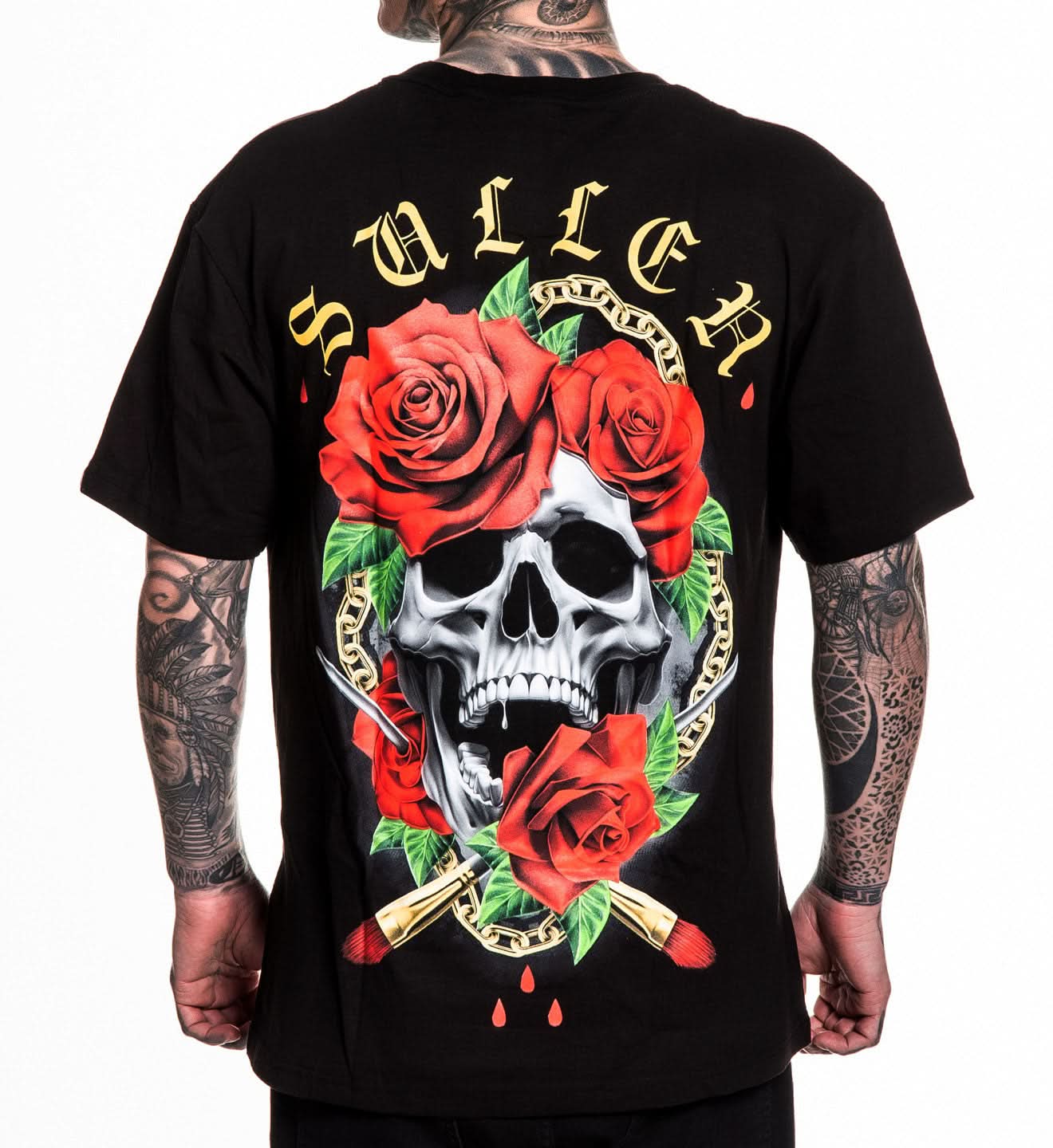 Black t-shirt with a skull and roses design on a white background