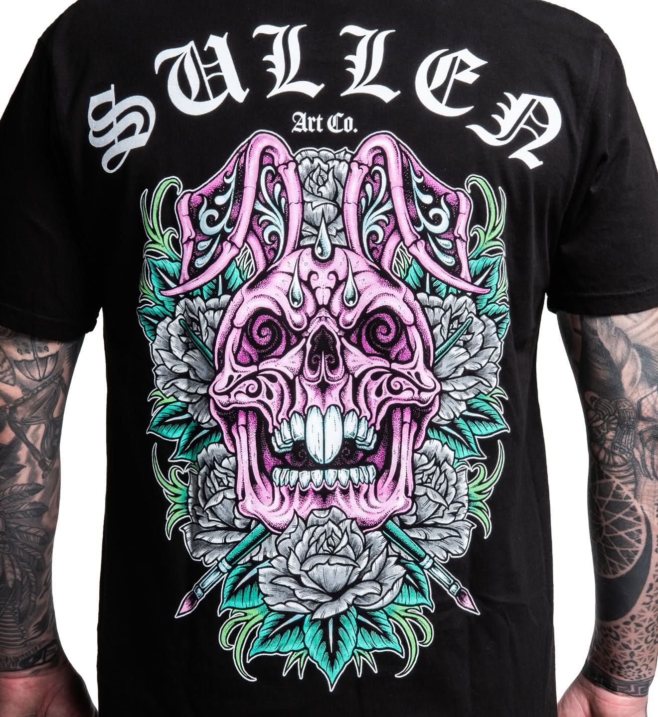 Black t-shirt with a colorful skull design and 'Sullen' branding.