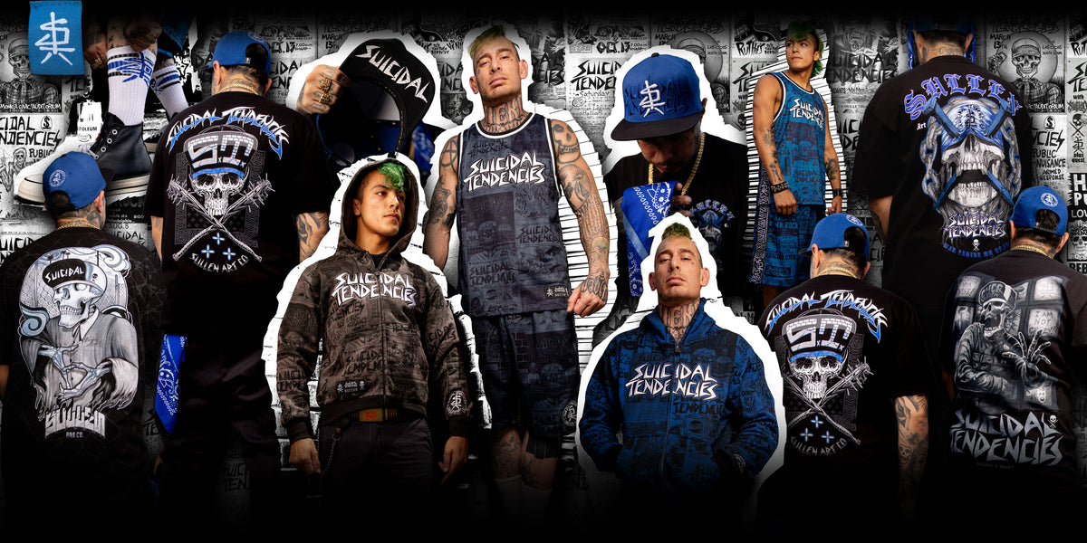 A collage-style promotional graphic showing multiple models wearing and displaying various streetwear items from Blue Dollar Store, including graphic t-shirts, hoodies, and caps, with bold text like 'SUCIDAL TENDENCIES' and 'BLUE DOLLAR STORE' prominently visible.